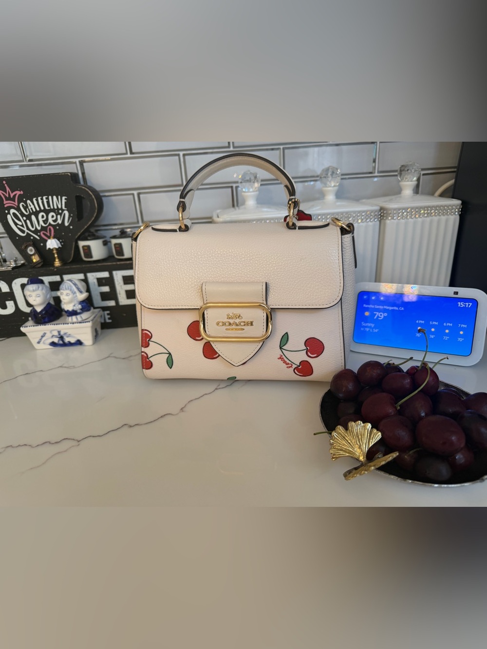 Coach White Leather Top Handle Bag with Cherry Print